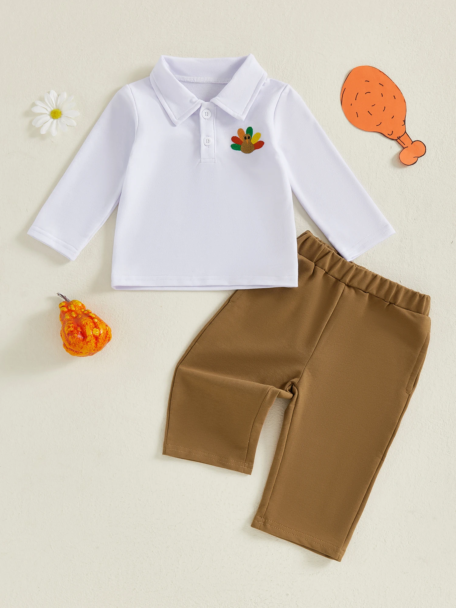 

Очаровательный детский осенний ансамбль с праздничным турецким дизайном на лацкане и уютные брюки с эластичной резинкой на талии на День Благодарения