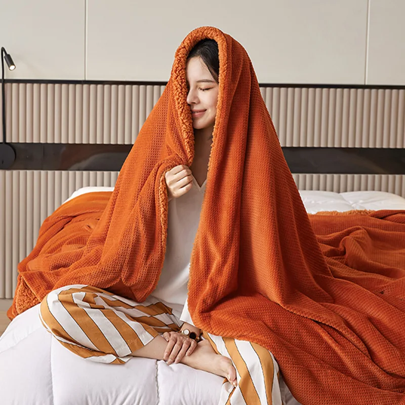 2021 New Warm Waffle Lamb Wool Blanket Double-layer Thickening and Light Luxury Style Coral Fleece Sofa Cover Blanket