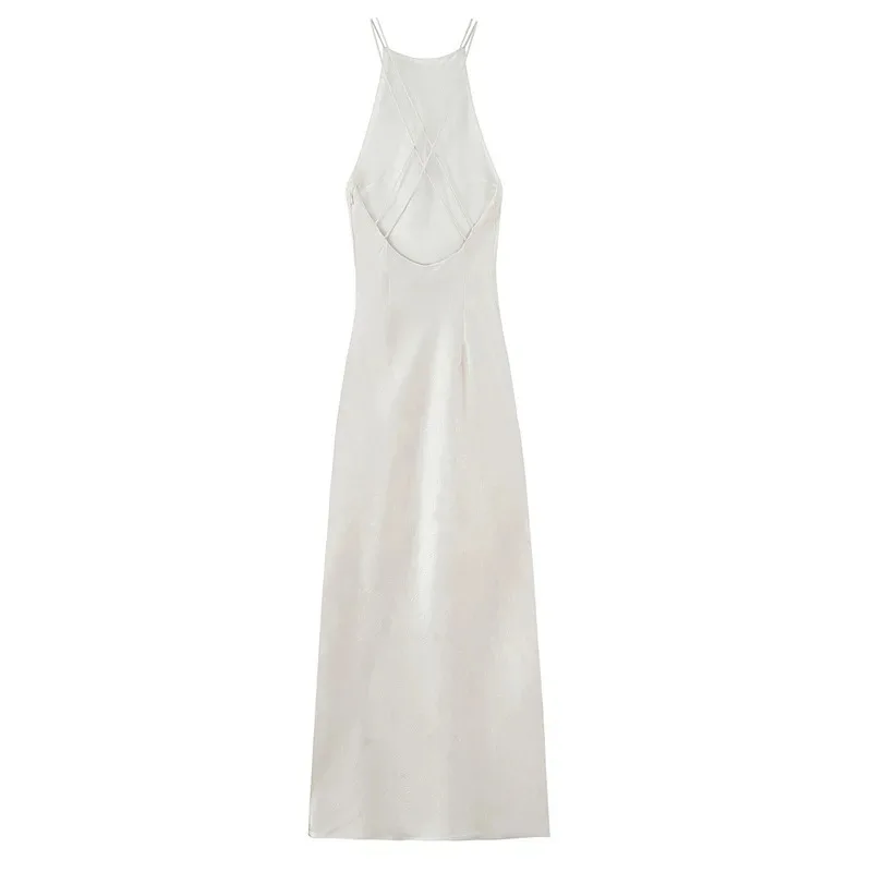 

Slim Fit Backless Satin Textured Suspender Midi Dress Vintage Sleeveless Women's Summer Fashion Party Dress