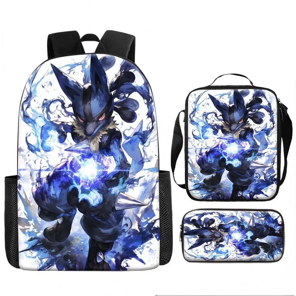 Kids Bag,Pokémon,Lucario Kids Bag Lucario 3pcs Backpack Set Cute Aura Pokémon School Bags Boys Girls Lunch Box Pencil Case Tr