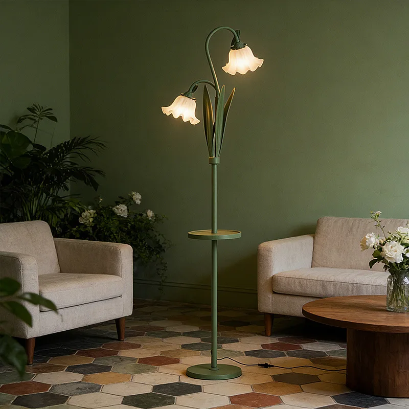 French Cream Style Floor Lamps Lily of The Valley Lampshade LED Standing Light Living Room Bedroom Carrying Storage Tray Fixture