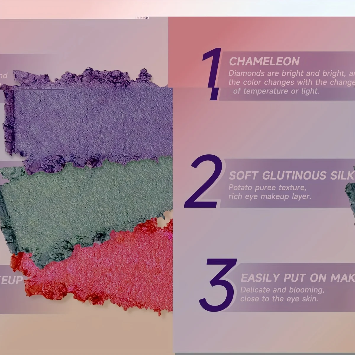 كريم ظلال عيون ببطاطس مهروسة مكون من 3 ألوان، نسيج كريمي فاخر، تأثير لامع، وردي ناعم، أرجواني غني، وظلال خضراء طازجة