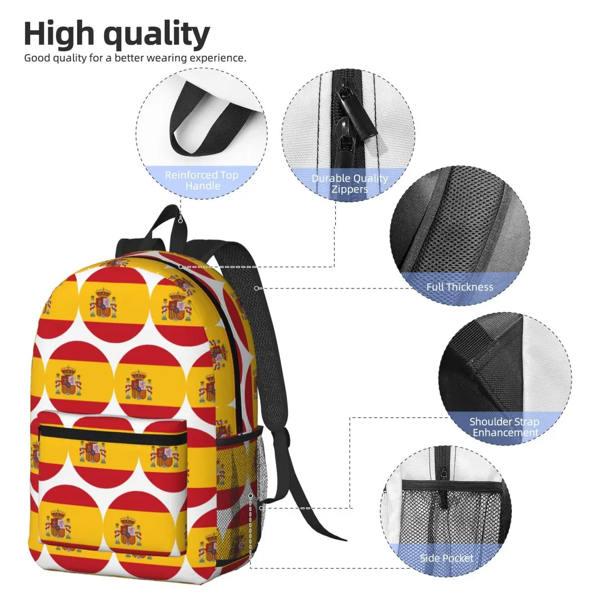 Spain Spanish Flag Round Backpack Student BookBag Children School Bag Laptop Shoulder Bags for Men Women