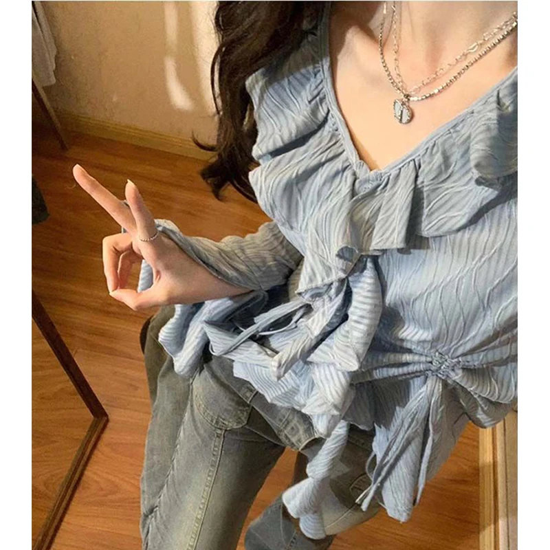 Streetwear Ruffles Shirts Women Elegant Flare Long Sleeve Sun Proof Blouses Korean Fashion Drawstring Slim Sun Protection Tops