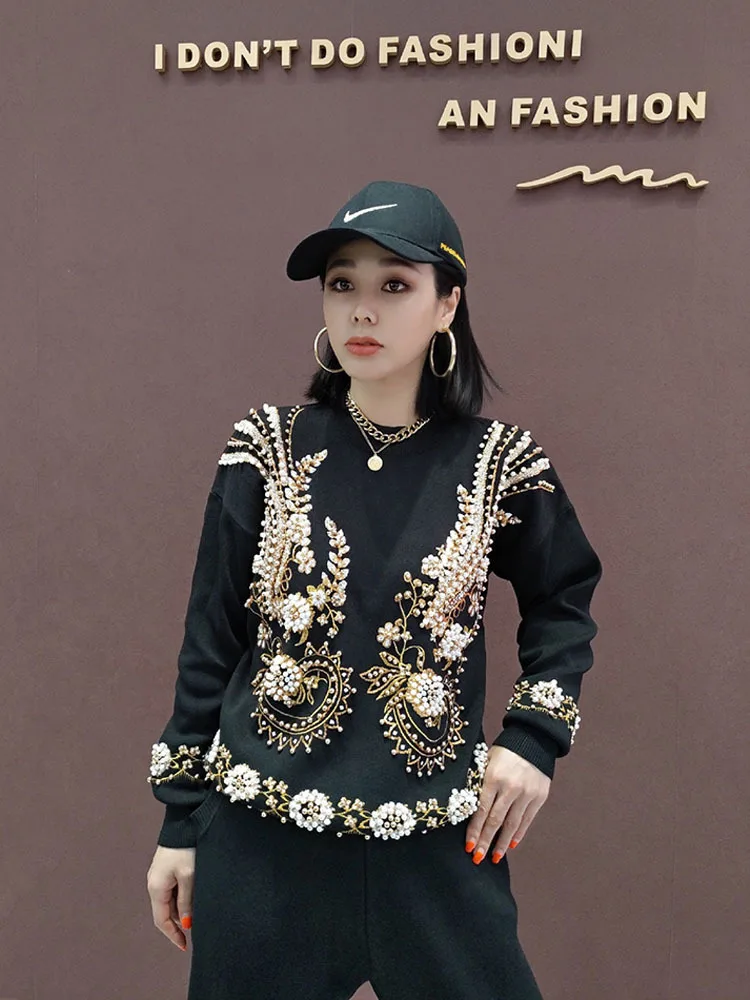 High quality sequins beading knit suits female heavy industry beading flowers long sleeve sweater + pant two pieces sets