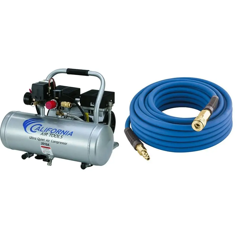 Ultra Quiet 1.0 HP Air Compressor Bundle 50ft PVC/Rubber Air Hose Brass Fittings 300 PSI Operation 2 Gallon Aluminum Tank