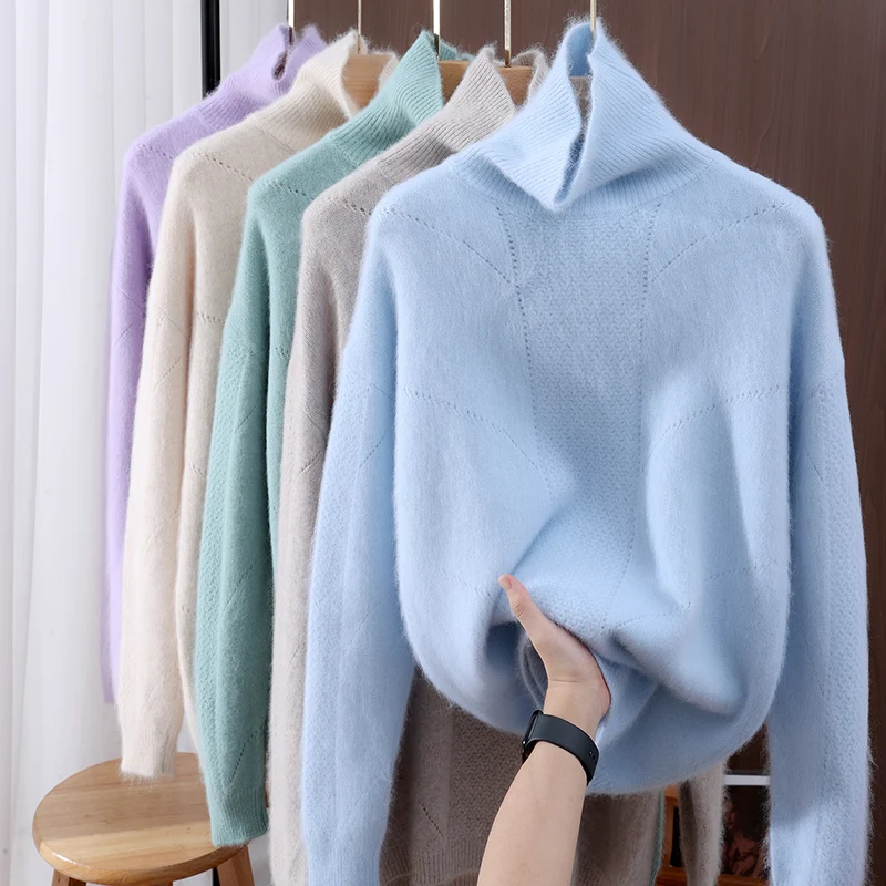 الخريف والشتاء المنك سترة الكشمير المعنقة بلون البلوز فضفاضة كبيرة الحجم عالية التلبيب محبوك قاع قميص