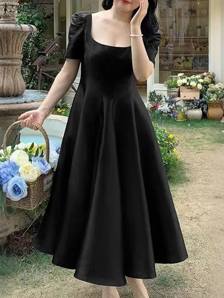 ZANZEA Elegante Abito per Party di Nozze Delle Donne di Raso di Seta Lungo Vestito Estivo 2026 Estate Manica Corta Colletto Quadrato Sexy Solido Vestido Robe