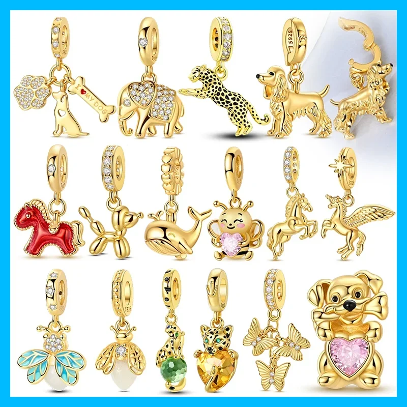 925 Sterling Silver Golden Dog Charms Beads Fit Original Bracelet Bag Keychain Earring Charm Bead Pendant Diy Women Jewelry Gift