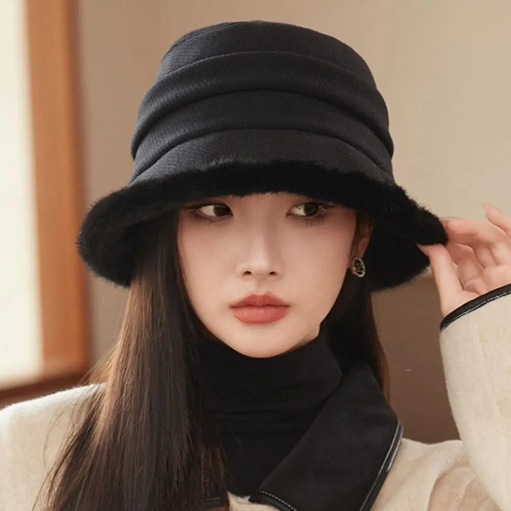 

Korean Fuzzy Winter Bucket Hat Ear Protection Windproof Women's Fisherman HatWarm Thick Plush Warm Basin Cap for Women