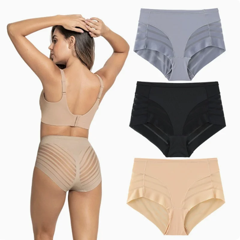 

2PCS/Set Women Panties High Rise Briefs Tummy Control Shapewear Ice Silk Mesh Elastic Female Sexy Lingerie Seamless Underwear