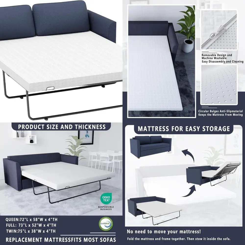 Colchón Queen Size 4 de espuma viscoelástica para sofás cama y sofás - CertiPUR-US y funda lavable