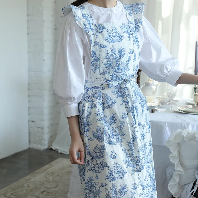 

Long Print Water-resistant Cotton Ruffled Kitchen Apron with Pockets for Women Cross-back Pinafore for Cooking Baking Gardening
