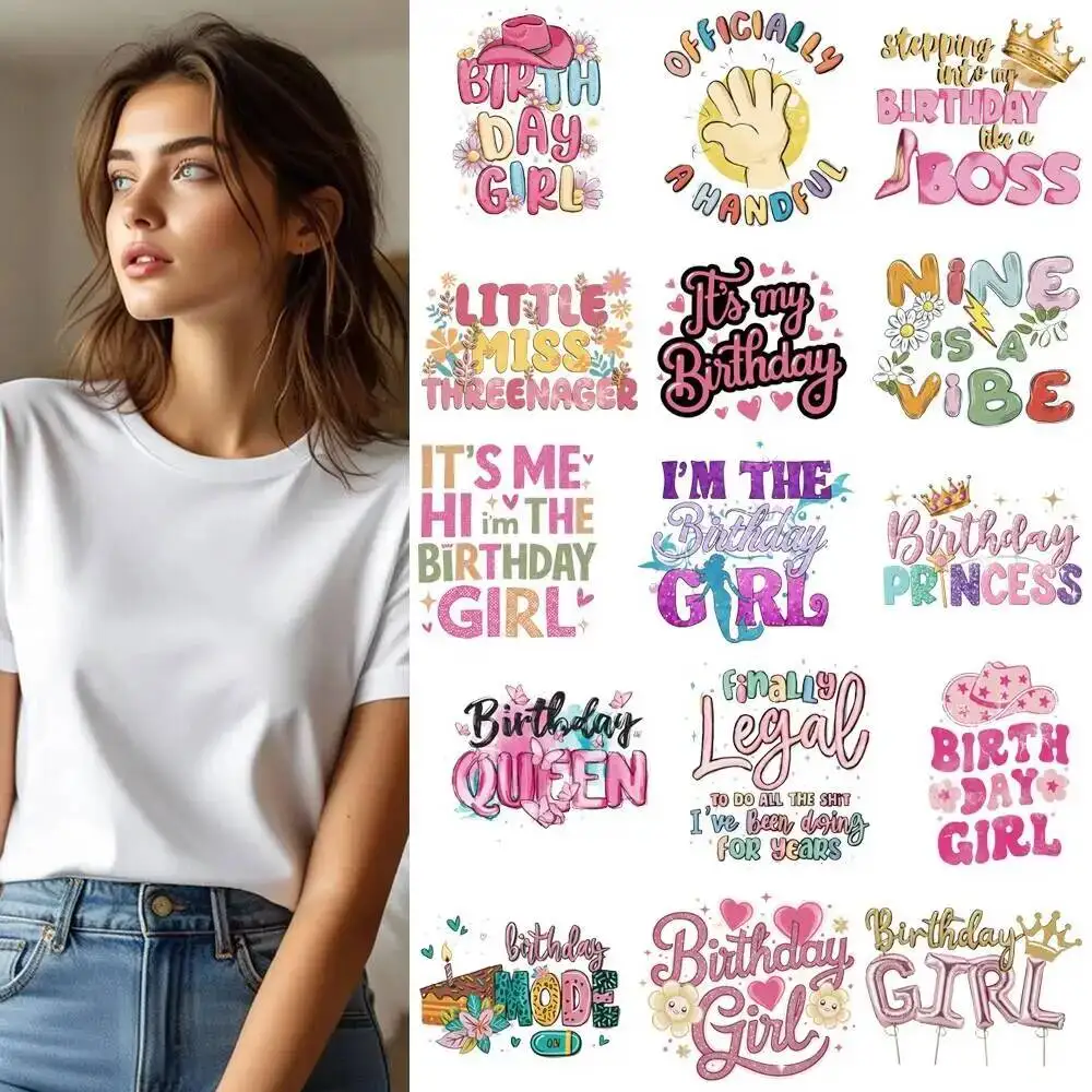 25CM Cartoon Happy Birthday Girl Princess Transfer Patches For Clothes DIY A-Level Washable Shirt Iron-on Thermal Stickers