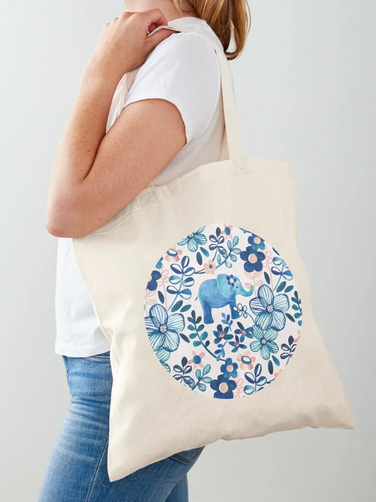 

Blush Pink, White and Blue Elephant and Floral Watercolor Pattern Tote Bag Reusable bags Shopper custom canvas bag