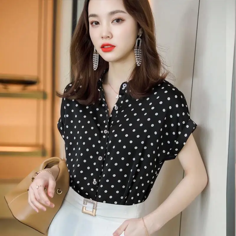 Polka Dot Standing Collar Chiffon Shirt for Women\'s Summer Korean Edition Short Sleeved Fashion Casual Commuting Versatile Top