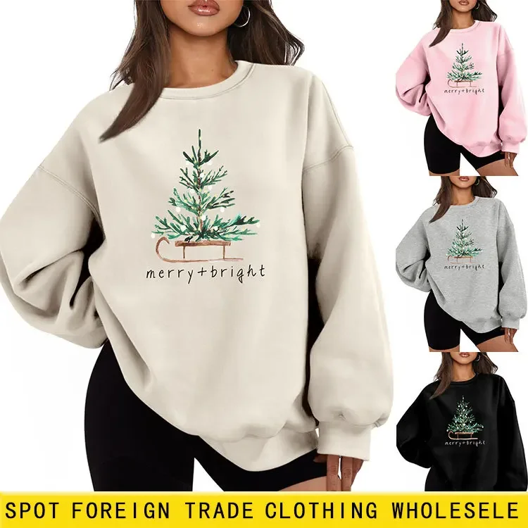 2025 Autunno Inverno Felpa spessa da donna O-Collo Luminoso albero di Natale stampato Top a maniche lunghe Pullover caldi da donna