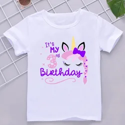 Kawaii Unicorn Face Eyelashes Number Tshirt It's My 3-9th Birthday T Shirt Kids Clothes Girl T-Shirt Short Sleeve T-Shirts