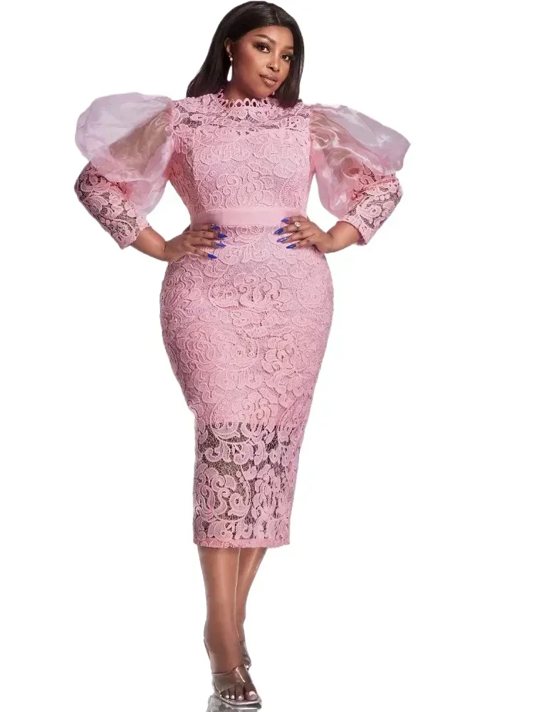 Women Plus Size Formal Dress Pink Lace Puff Sleeve See-Through Midi Dress Elegant Sweet Wedding Guest Cocktail Bodycon Dresses