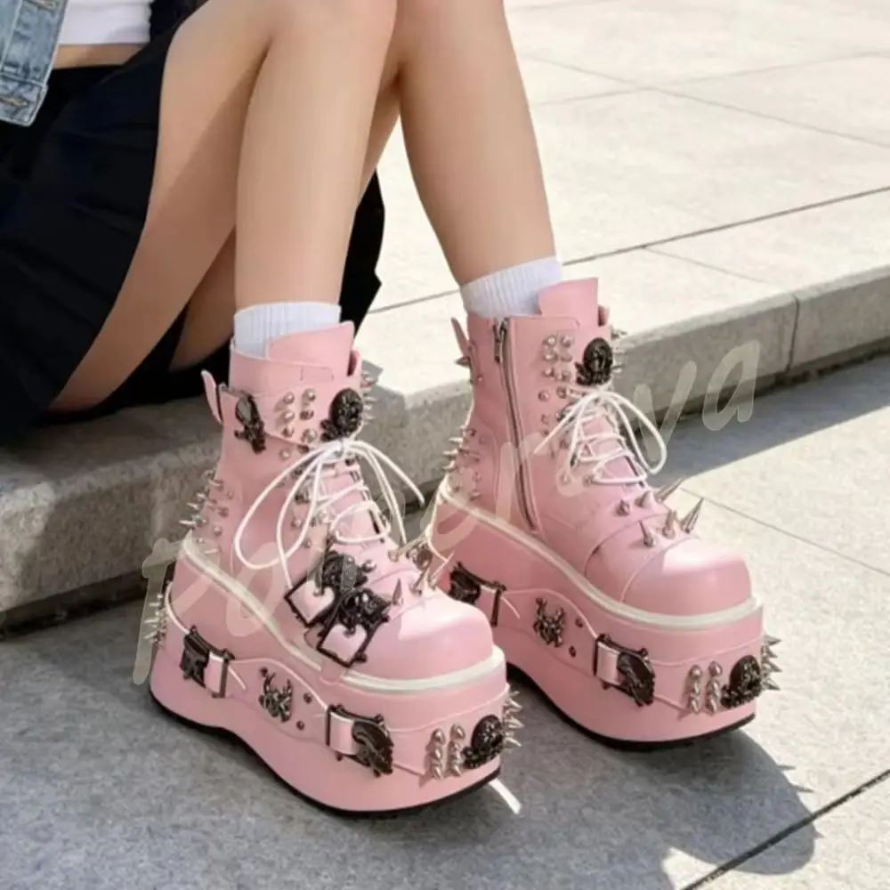 Pink Gothic Skull Spike Platform Boots Lace Up Side Zip Punk Rivet Wedge Ankle Boots Sweet Cool Party Winter Lovely Women Shoes