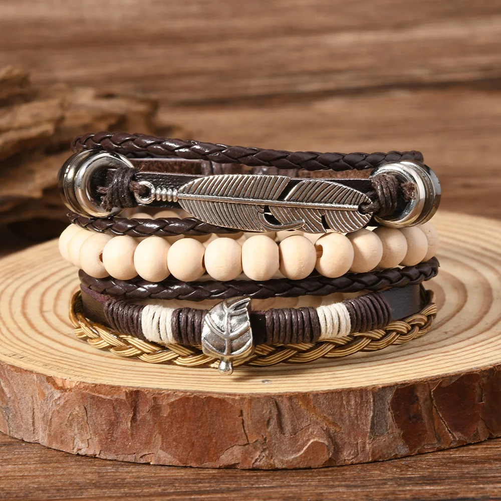 Bohemian Feather Leather Bracelet Set, 3Pcs Multi-layer Wood Bead & Leaf Charm Stackable Wristbands, Vintage Tribal Jewelry for