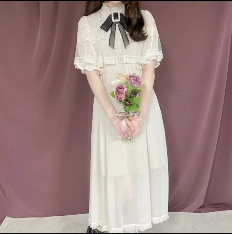 Sukienka patchworkowa z wysokim stanem, słodka i urocza, japoński styl smock, rękaw do połowy, koronkowa peleryna, vestidos, styl preppy, kokarda, mocno podkreślająca talię, nowa kolekcja mujer.