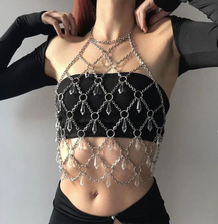 

New sexy metal chain splicing metal ring acrylic pendant neck top body chain