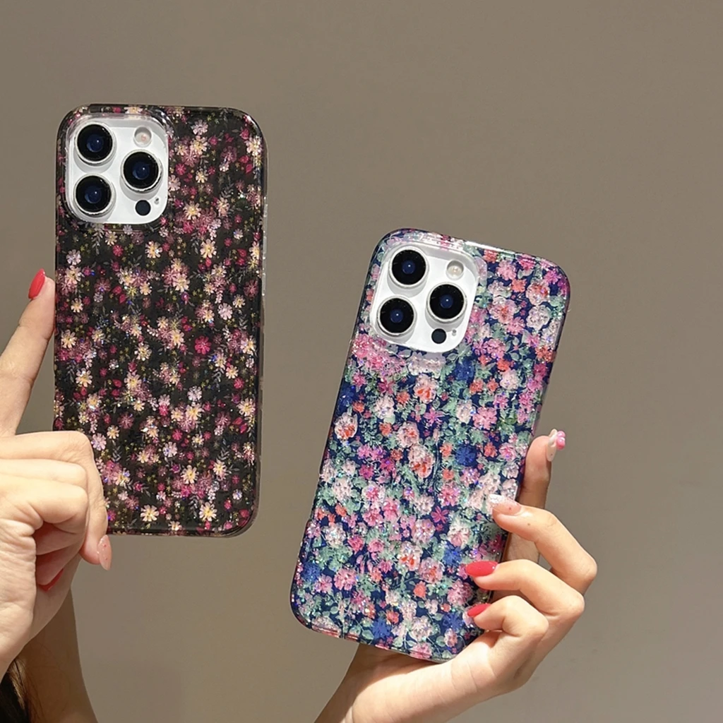 Retro Oil Painting Glitter Colorful Little Flowers Shockproof Protective Phone Cover Case for iPhone 17 16 15 14 13 Pro Max Air