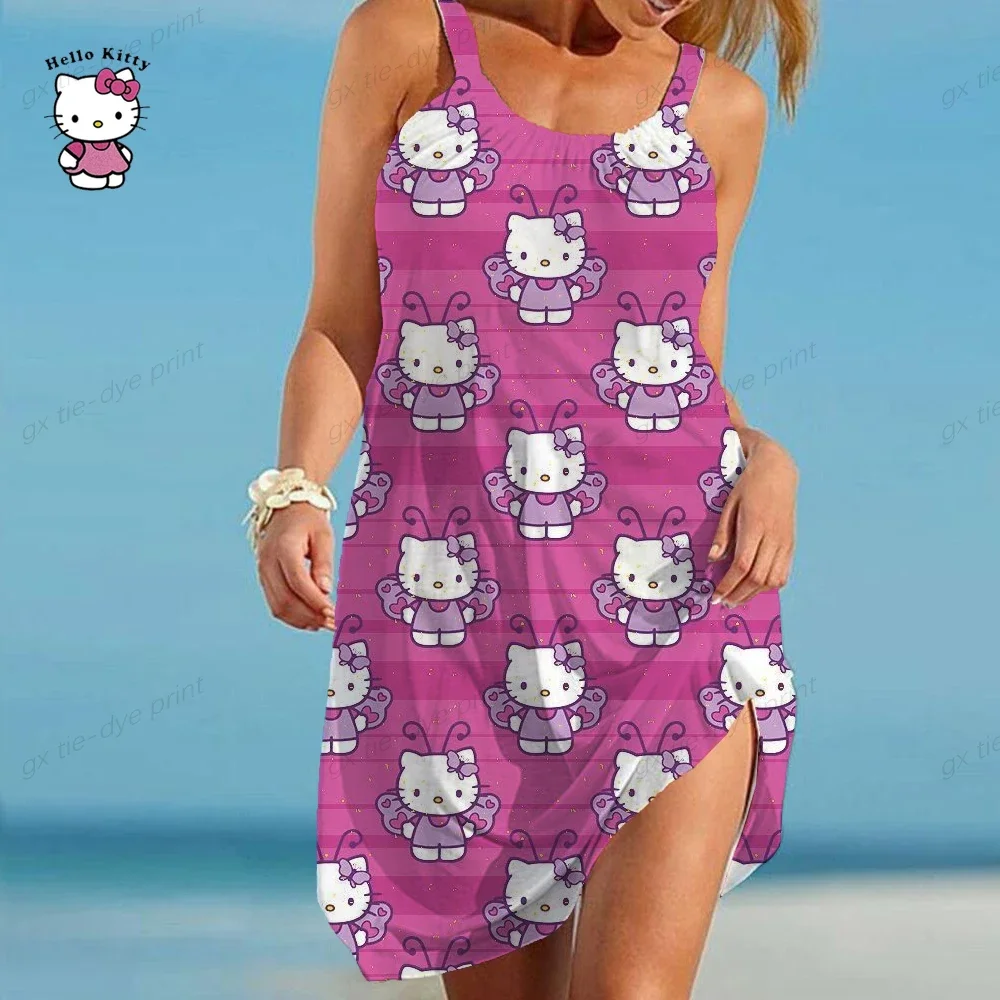 Dames Zomer Mouwloze Ronde Hals Effen T-Shirt Jurk Hallo Kitty Print Geplooide Swing Casual Losse Pullover Streetwear