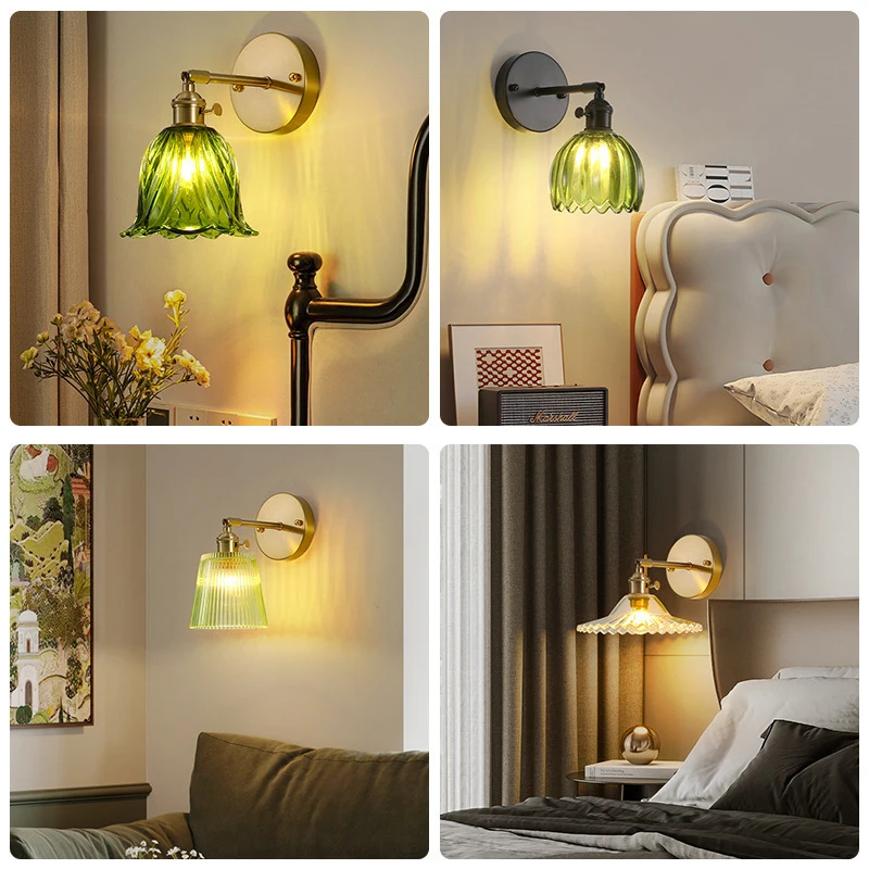 Iron Wall Light Green Japanese Nordic Modern Retro Dining Room Bedside Glass Shade Cafe Decorative Lighting Fixture
