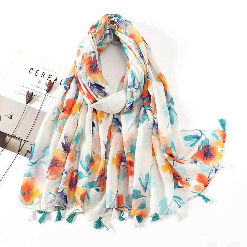 Autumn Viscose Cotton Scarf Women Lovely Floral Shawls Wraps Lady Thin Scarves Fashion Tassels Pashmina Quality Foulard 2023 New