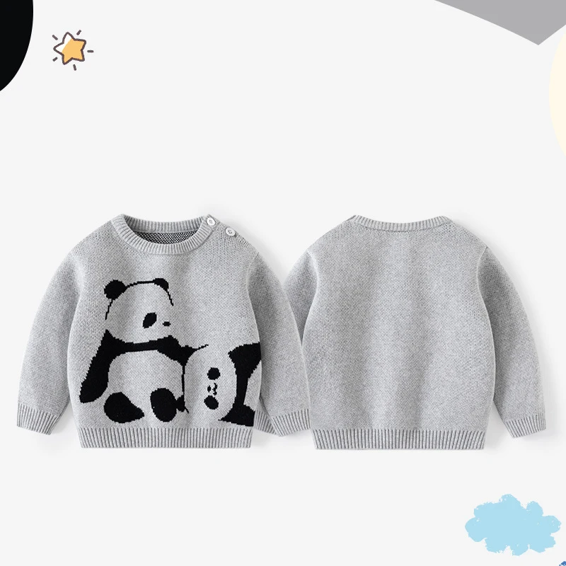 Autumn Kids Boys Pullovers Cotton Knitted Cartoon Panda Jacquard Long Sleeve Baby Boys Sweaters Toddler Boys Knitwears