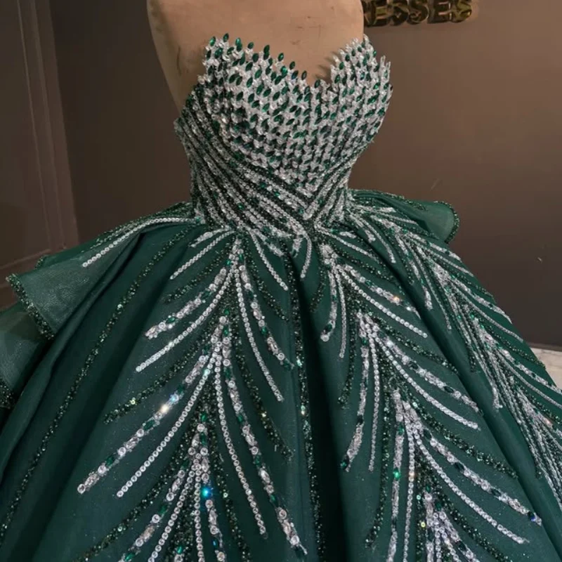 

Shiny dark green Quinceanera Dress glitter crystal flower Decal Long tail Lace ruffles Vestidos De 15 Quinceanera ﻿Customize