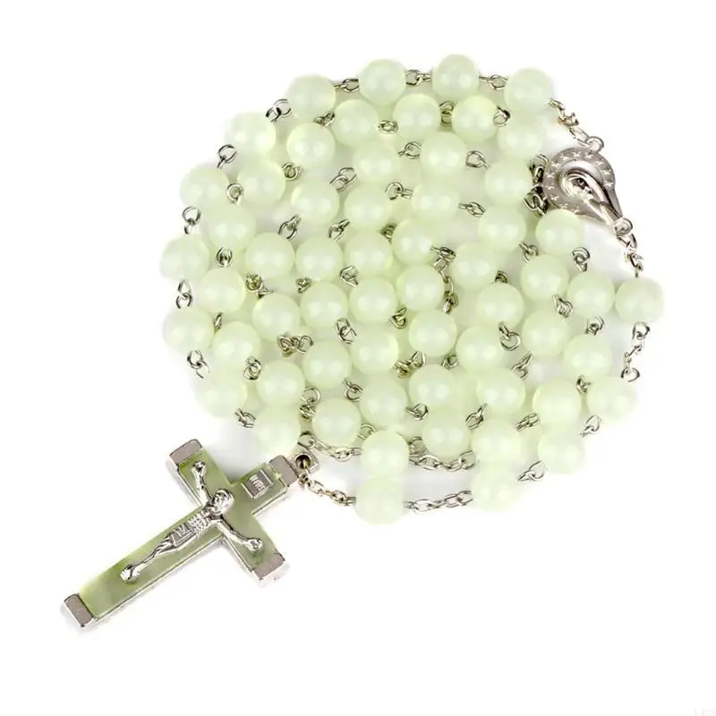 L43A Glow Rosary Necklace Jesus Christ for Cross Pendant Noctilucent Chai