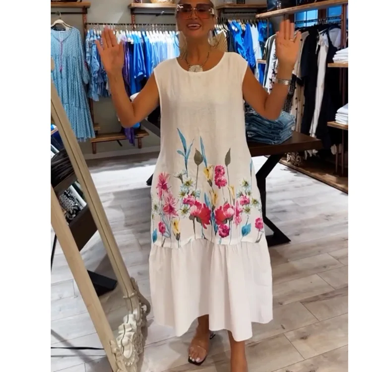 Moda O-neck bez rękawów kwiatowy Print długa sukienka damska 2025 lato Looce patchworkowy w stylu Casual wygodne sukienki dla kobiet szata