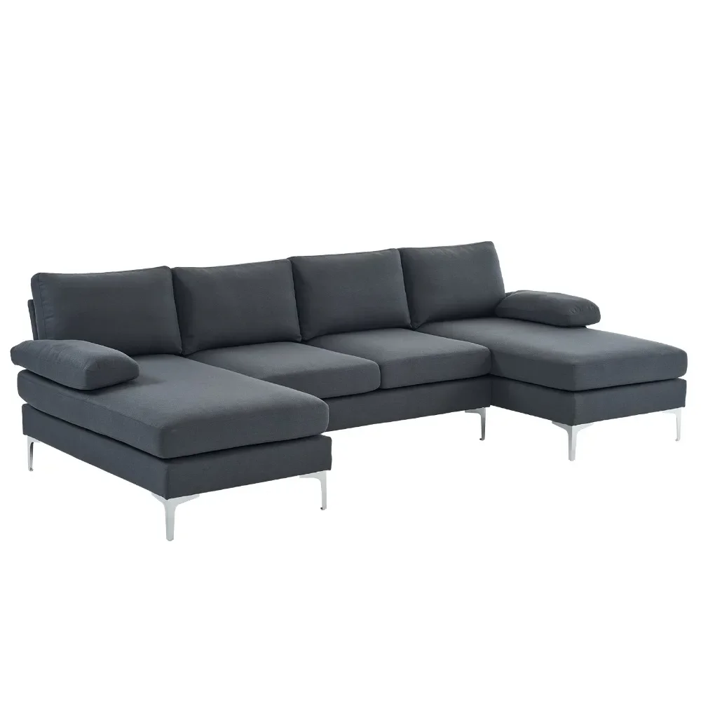 

280*130*85 U-Shaped 4-Seat Linen Seat Frame Wooden Frame Back Iron Frame Silver Feet Indoor Modular Sofa Dark Gray