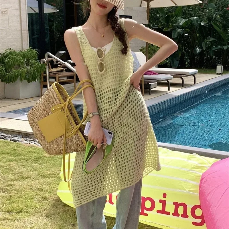 Spring Summer Knitted Vest Dress Women's Mid-Length Pure Color Design Sensation Hollow out Layering Dress Sleeveless Gown - Image 2