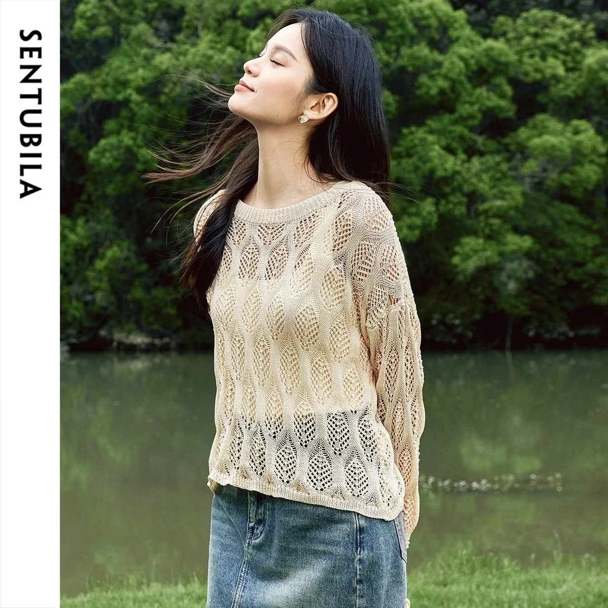 SENTUBILA Women's Simple Crew Neck Knit Top 2026 Summer Textured Hollow Out Design Loose Fit Long Sleeve Pullover W52H58973X