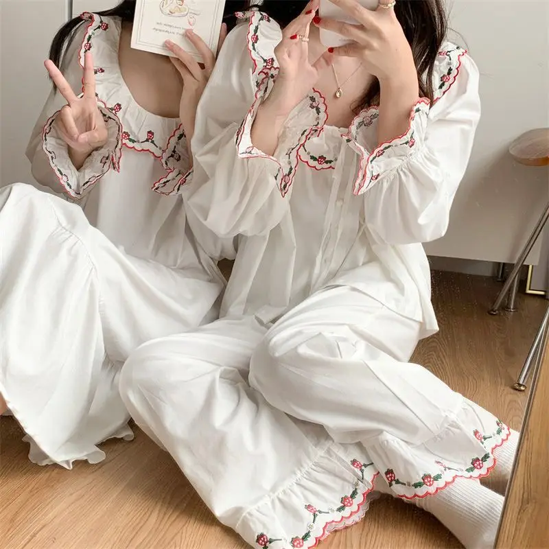 Pajama Sets Women Embroidery Retro Korean Style Lovely Baggy Sleepwear Student Ins Popular Hot Sale Trendy Harajuku Homewear New