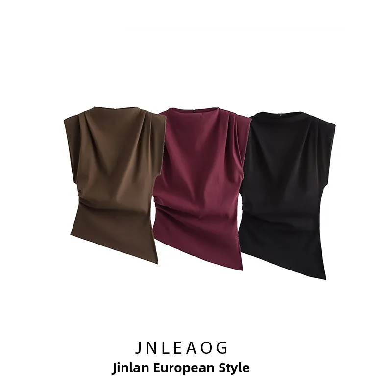 

Женская летняя тонкая дышащая блузка JNLEAOG в уличном стиле, приталенного кроя, с декоративными плиссированными вставками на плечах