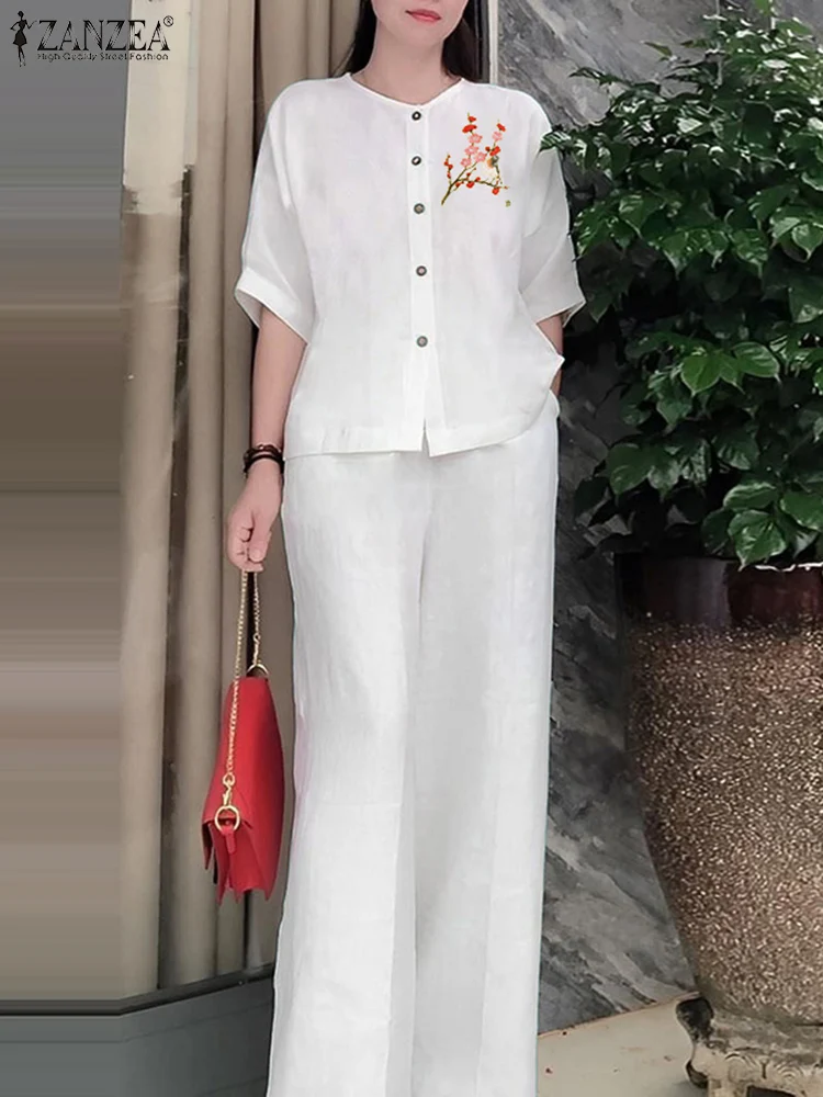 

Модные женские офисные спортивные костюмы из 2 предметов, летние брючные костюмы ZANZEA, элегантная рубашка с коротким рукавом и вышивкой, брюки с широкими штанинами, 2024