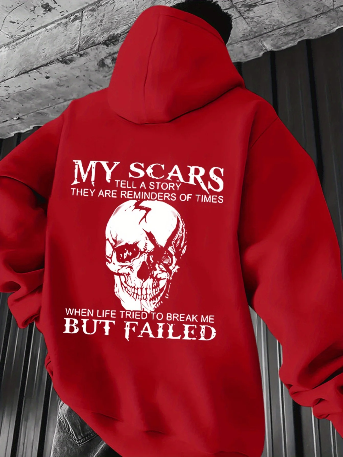 Men's loose pullover hooded sweatshirt, distressed gothic skull inspirational text print, soft and loose urban street hoodie