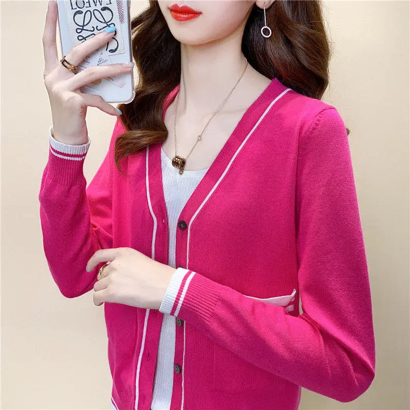 Knitted top cardigan women\'s fashion aesthetic purse sweater jacket 2024 spring Autumn mixed color sweater cardigan women