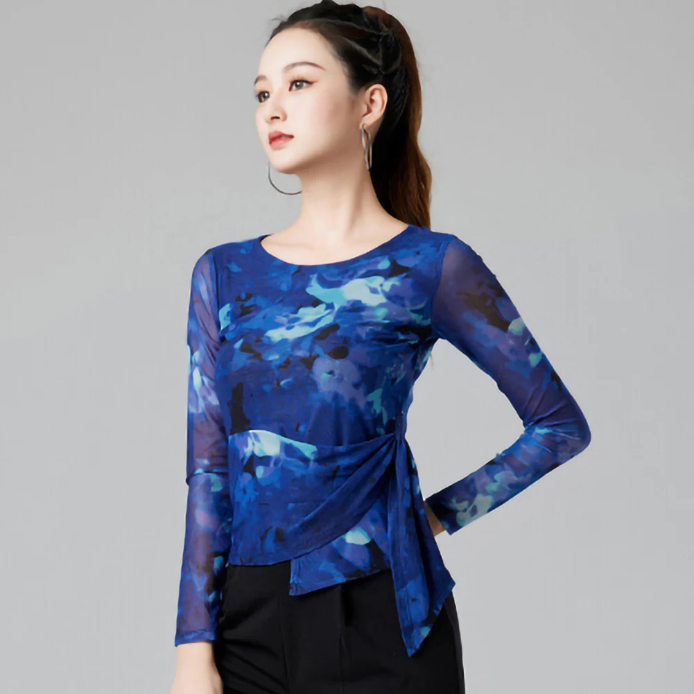 Латинский топ, женский топ с длинным рукавом GB Choreography Practice, синее новое тренировочное платье для самбы, рубашка для выпускного вечера, сетка с круглым вырезом