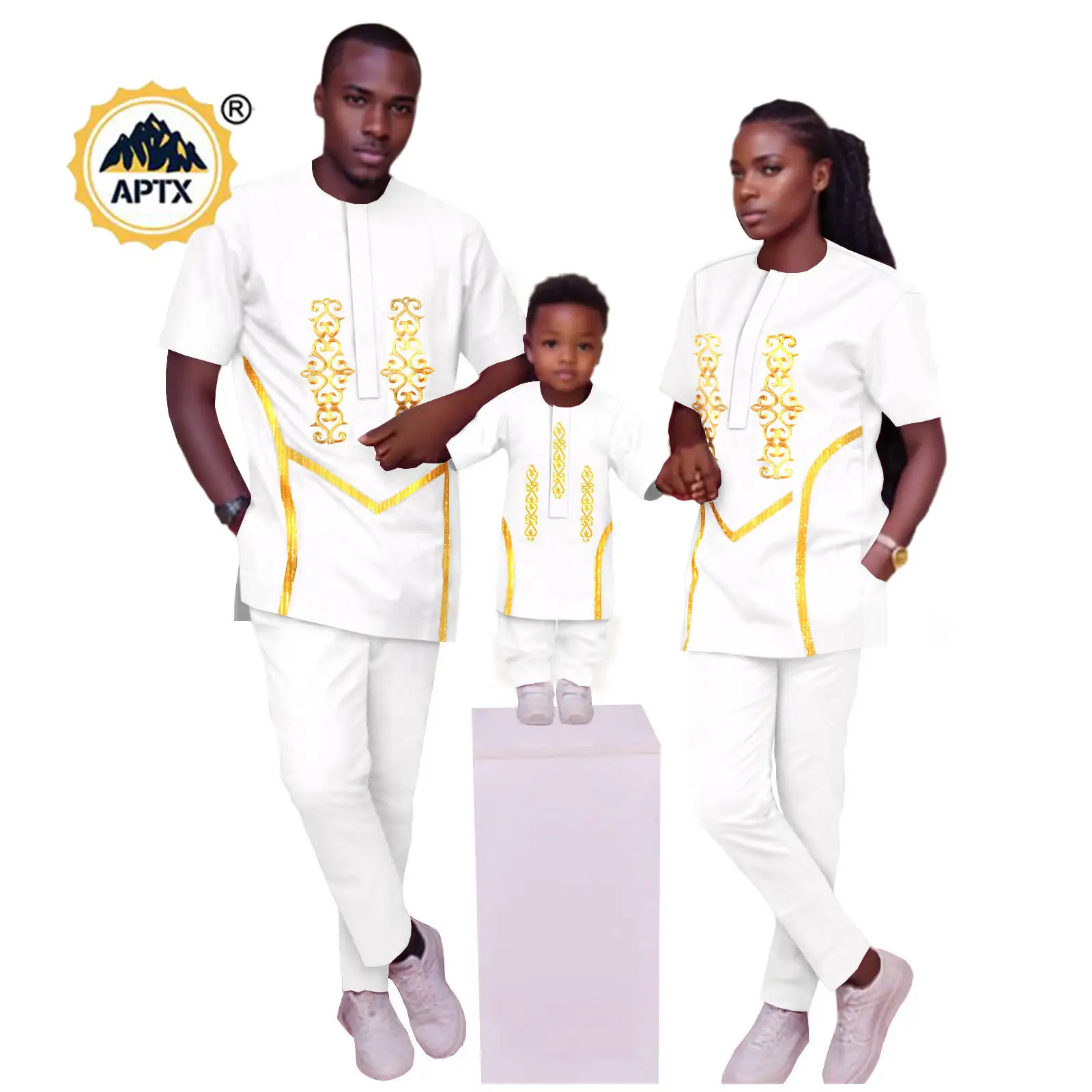 African Family Clothes Bazin Riche Men Appliques Top and Pants Sets Matching Women Kid Shirt and Pant Sets Dashiki Kaftan 24F037