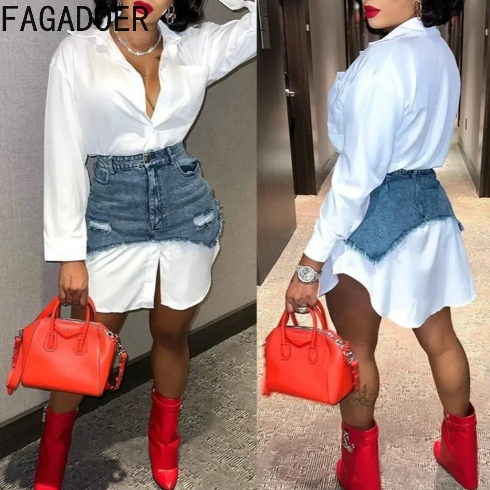 

Модное уличное женское платье-рубашка FAGADOER с отложным воротником и длинным рукавом, повседневное женское облегающее джинсовое платье на пуговицах