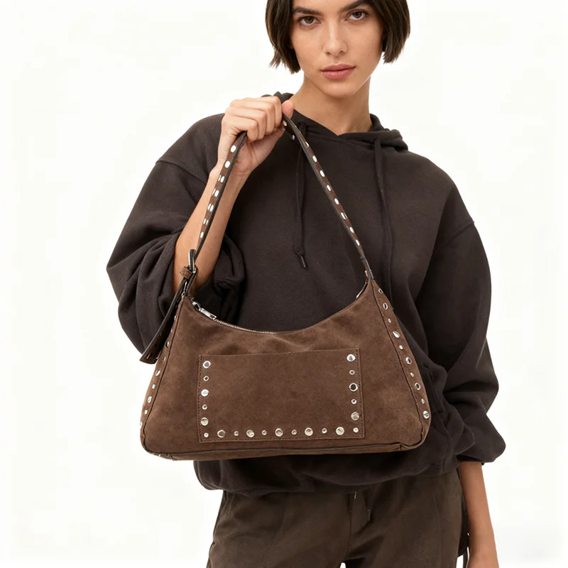 

Vintage Rivet Shoulder Bag French Simple Handbag Fashion Light Luxury Wallet Cool Faux Suede MotorcycleBag Brand Design WomenBag