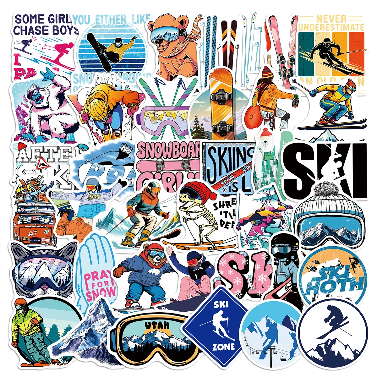 Autocollants Graffiti de ski de dessin animé, 50 pièces, décoration créative, étui de téléphone portable, valise, iPad, jouets imperméables pour enfants, cadeaux
