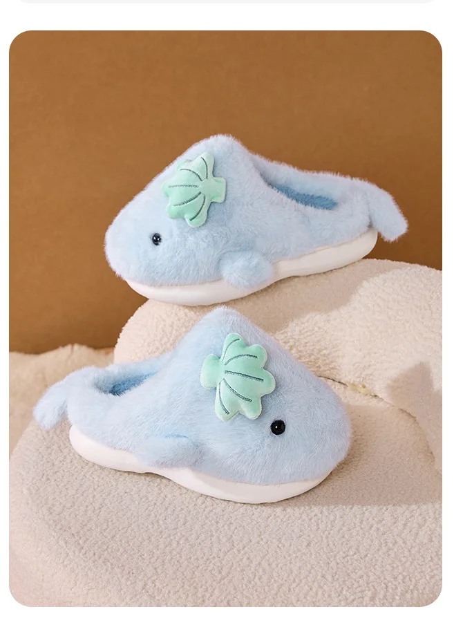 Neue Niedliche Plüsch-Delfin-Hausschuhe für Damen mit Muschel-Applikation, Gemütliche Offene Rückseite, Flauschige Indoor-Schuhe, Warme Winter-Hausschuhe für Frauen – Detail 5