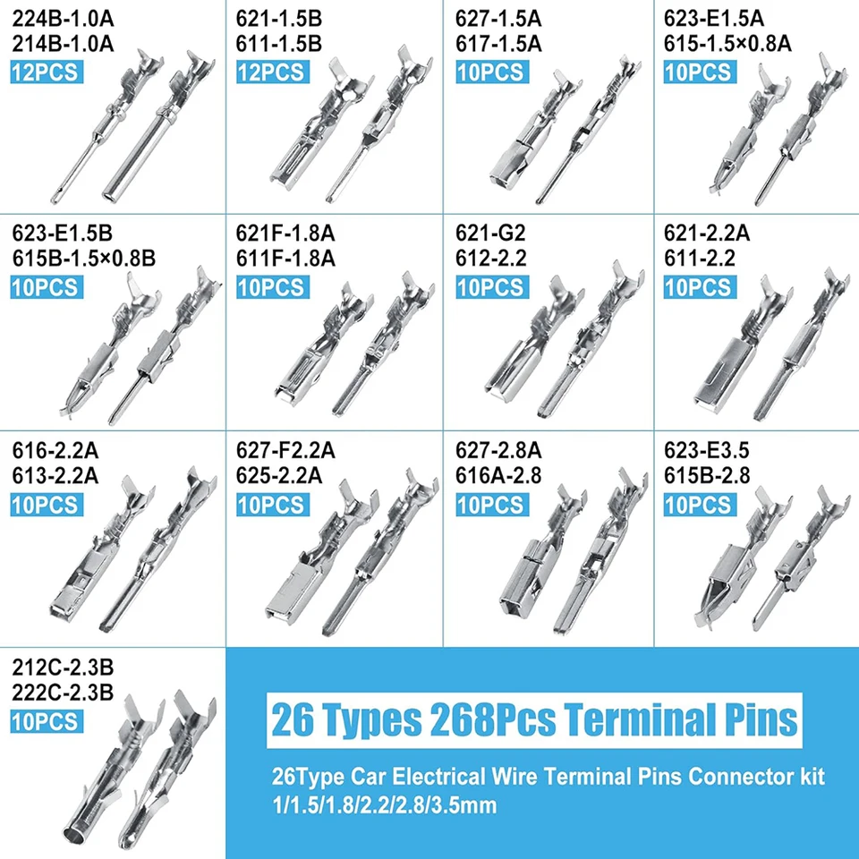 Kit de pines de conexión 567 piezas, 26 tipos, terminales automotrices de 1/1.5/1.8/2.2/2.8/3.5mm, pines macho y hembra para cableado 2